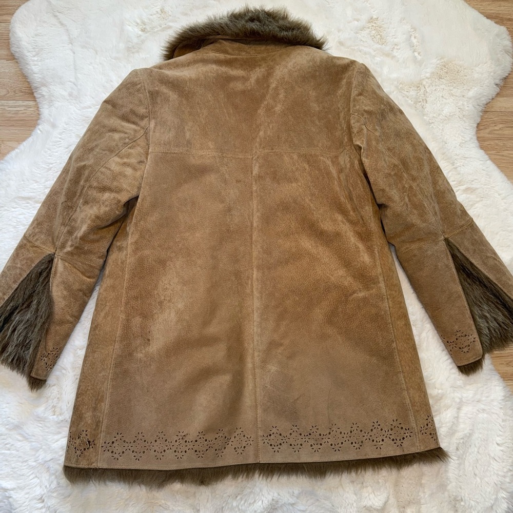 🌻Vintage 90s Y2K Faux Fur Lined DB Studio Tan Leather Penny Lane Vibes Coat✨ - Picture 9 of 16